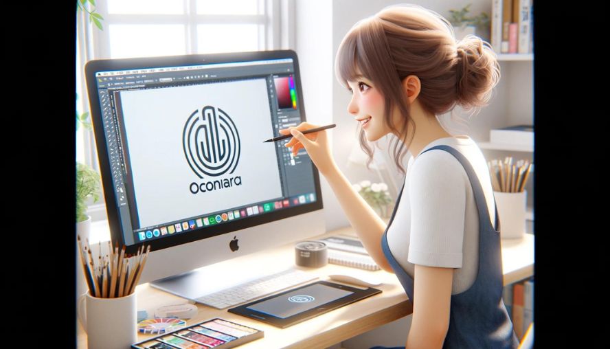 ココナラで受注されたロゴデザインを楽しそうに作っている女性の画像