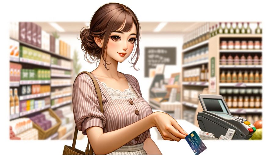 クレジットカードで買い物をする女性の画像