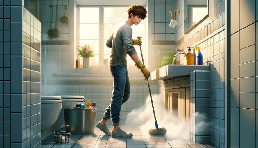 オキシクリーンを使ってお風呂の床を掃除している男性の画像