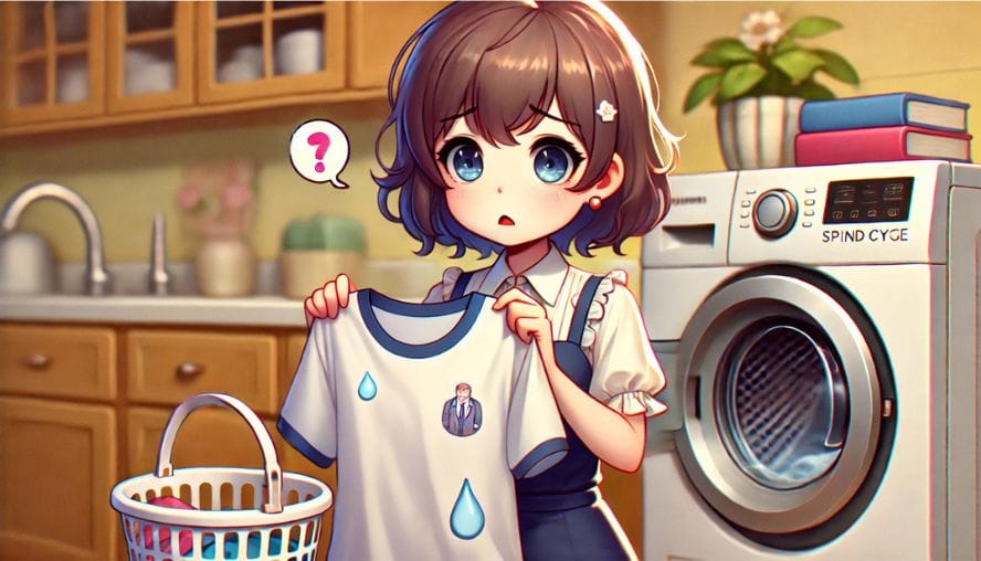 乾ききっていないTシャツを脱水槽から取り出している女性の画像