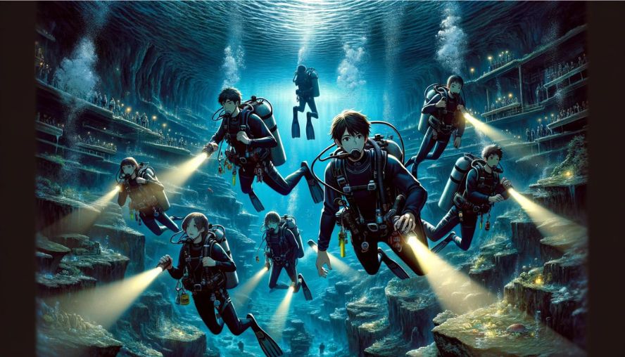 地底にある湖に潜って探検をする大学サークルの男女の画像