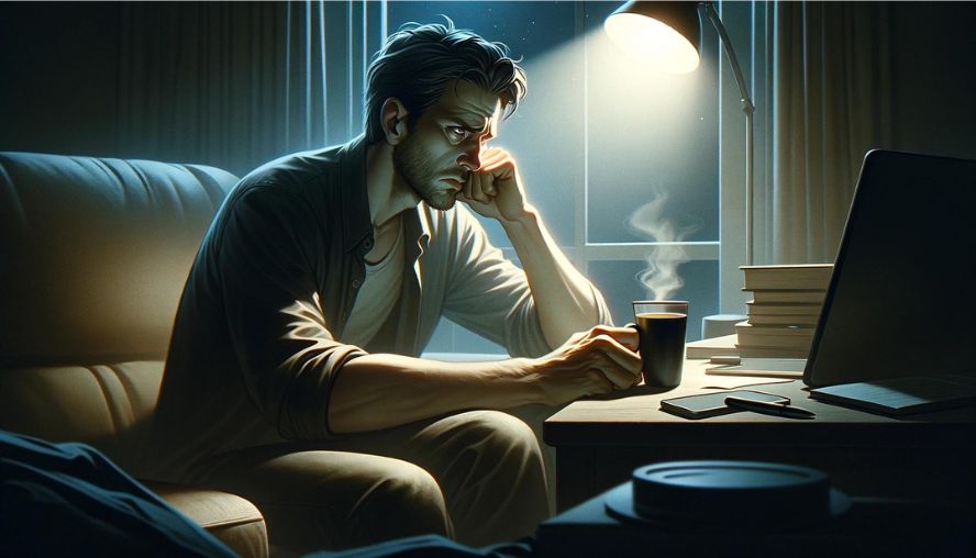 夜にコーヒーを飲んでしまい眠れなくなった男性の画像