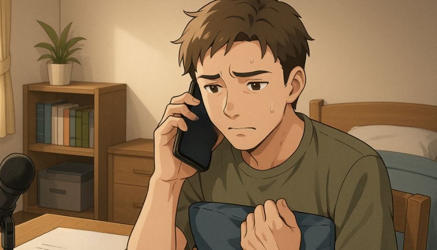 ボイスプラネットに辞退の電話をしている男性の画像