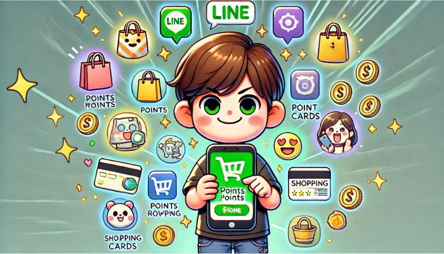 買い物で付与されるポイントの管理をLINEなどのアプリで賢く管理している人のイメージのデフォルメ画像