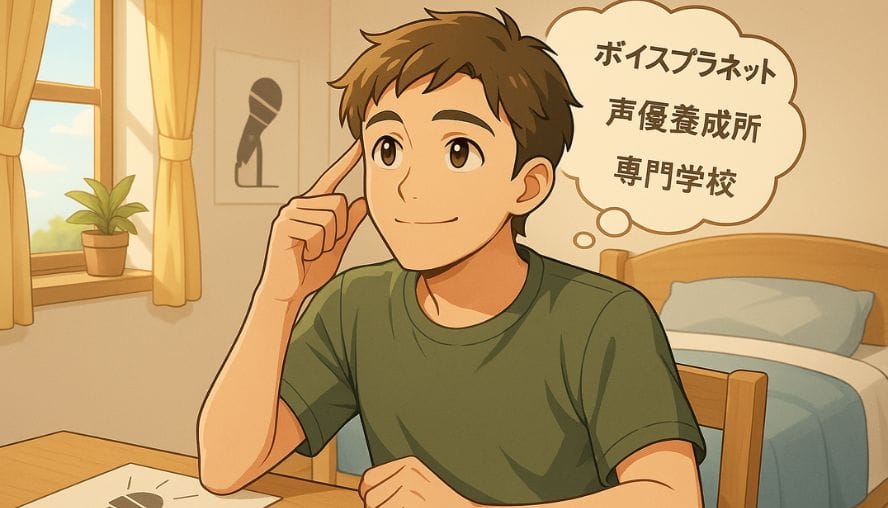 進路をボイスプラネット・養成所・専門学校のどれにするのがいいか、考えている男性の画像