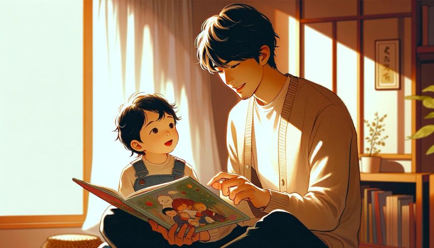 2歳のお子さんに絵本を読み聞かせているお父さんの画像