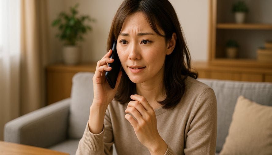 業者とのトラブルについて相談窓口に電話をしている女性の画像