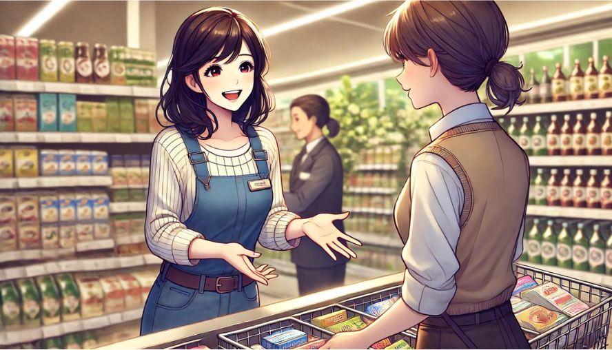 頻繁に利用するスーパーで、店員さんと立ち話をしている女性客の画像