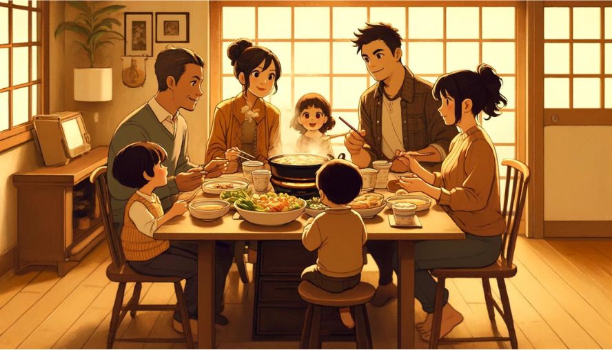 すき焼き鍋を囲んで食事をしている家族の画像