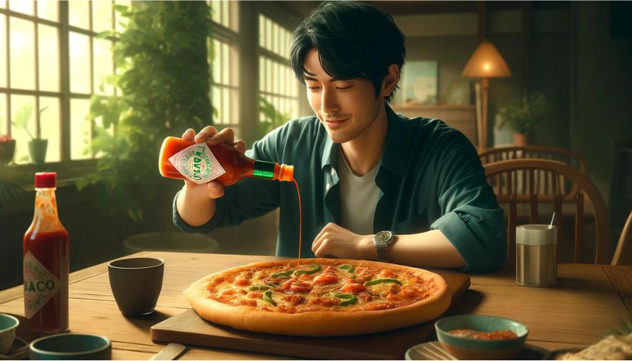 ピザにタバスコをかけている男性の画像