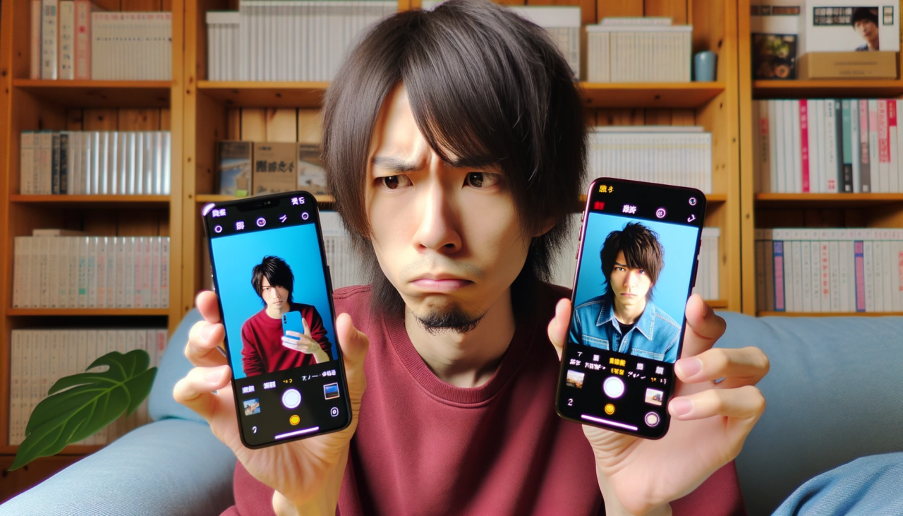 日本人のレビュアーが「しまうまプリント」と「キタムラ」のスマホ写真のプリントを手に持ちながら、それらを比較している様子。