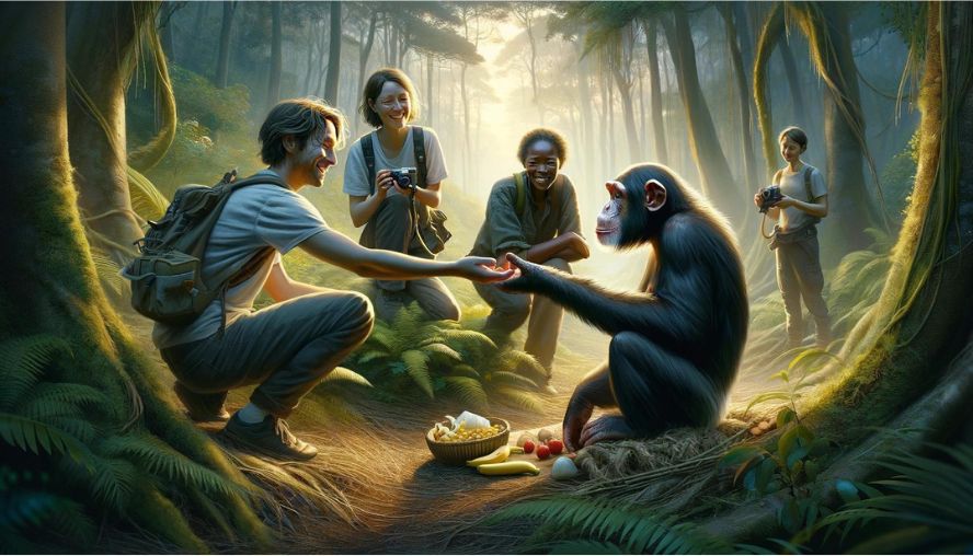 人間と共存するチンパンジーの画像
