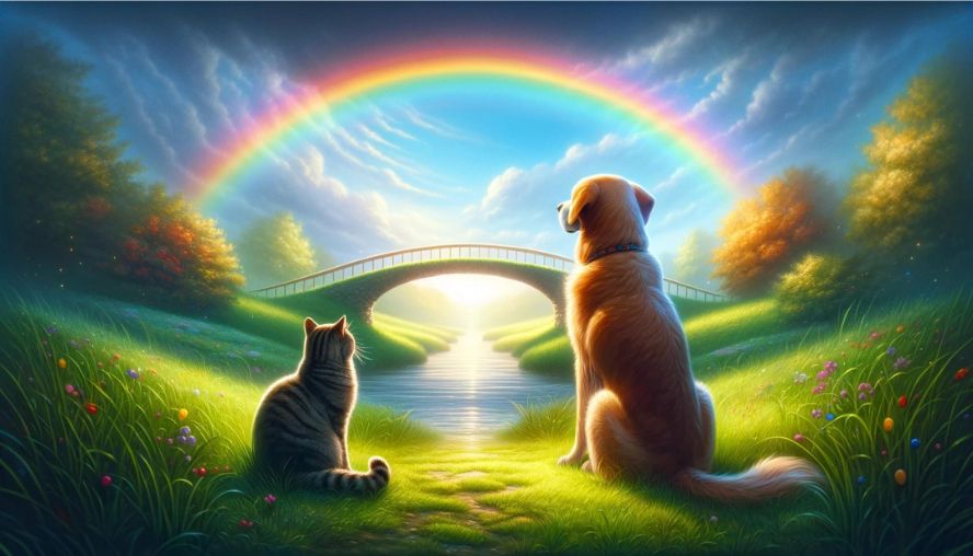 虹の橋で飼い主を待ちながら穏やかにすごすペットたちの画像