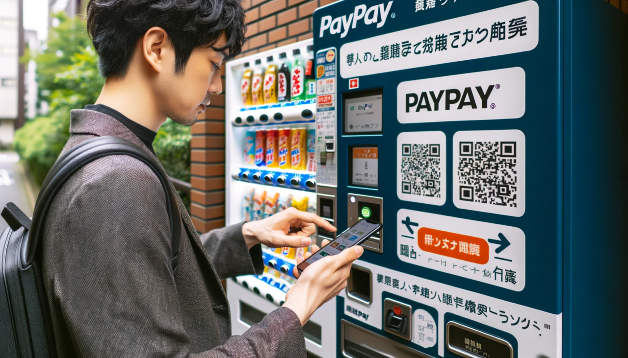 ペイペイ(PayPay)で自動販売機でドリンクを購入している男性のイメージ画像