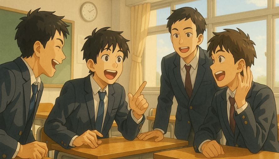 学校で昨日観たドラマの話しで盛り上がっている男子生徒たちの画像