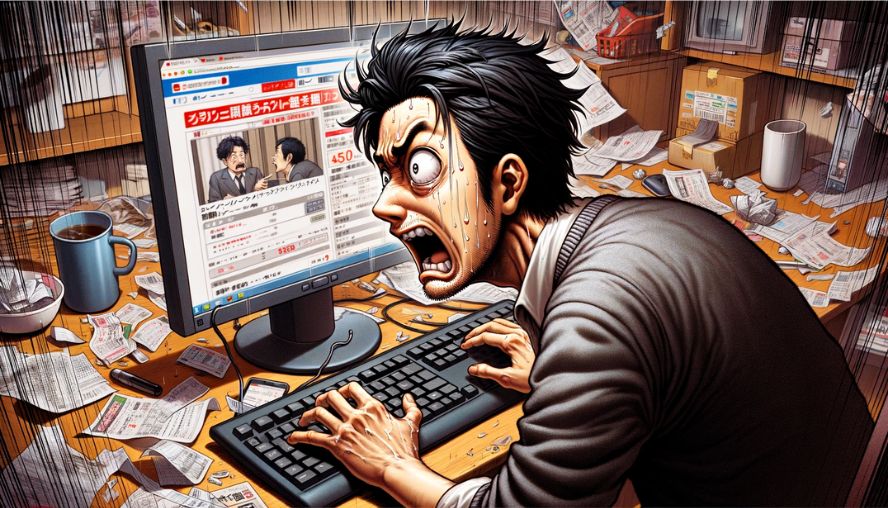オンラインショッピングサイトで詐欺にあい、慌てている男性の画像