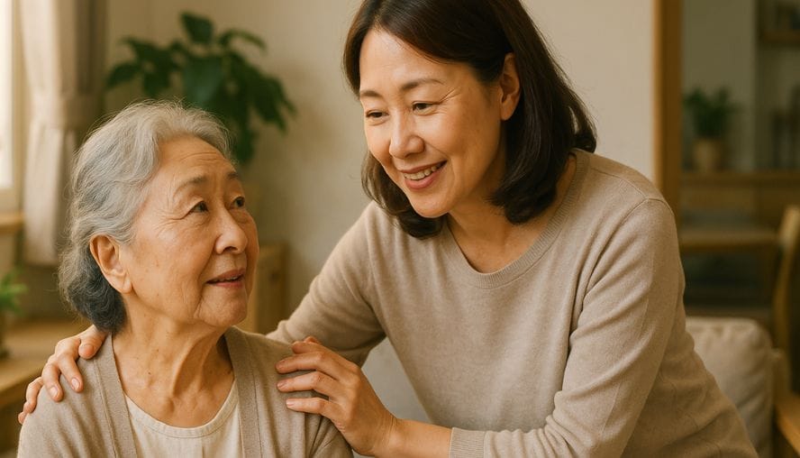 高齢の母親の世話をしている女性の画像