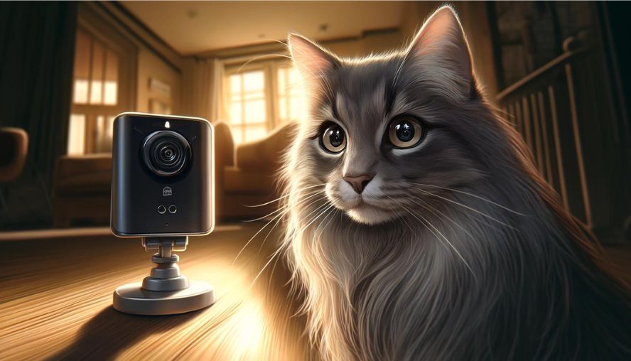 見守りカメラを眺める猫の画像