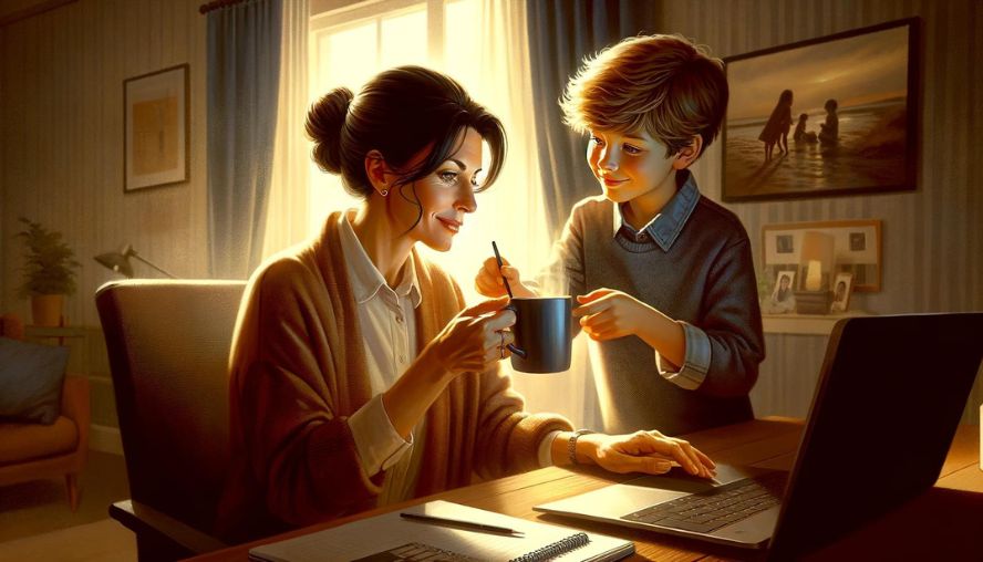 在宅ワークを頑張る母親にコーヒーを入れて持っていくお子さんの画像