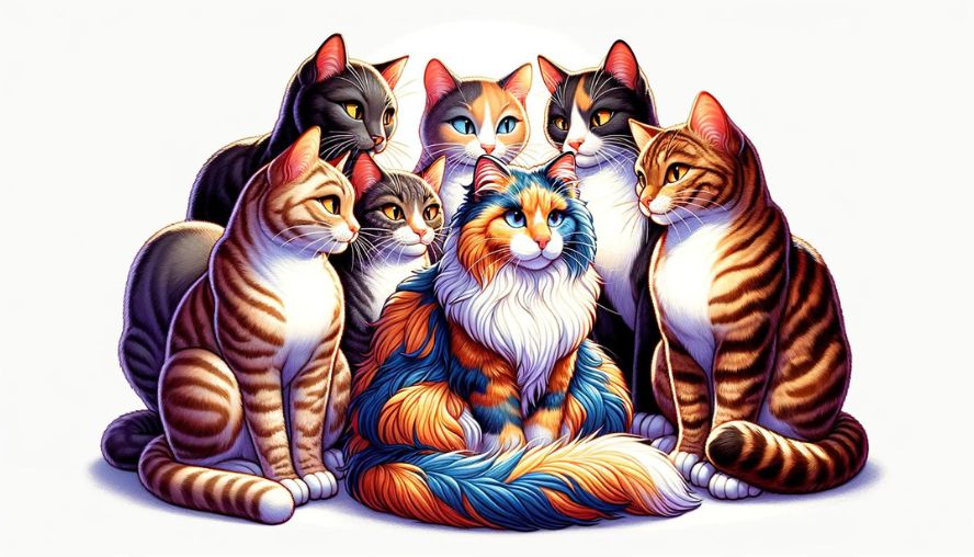 違い種類のネコたちに囲まれている１匹の三毛猫の画像