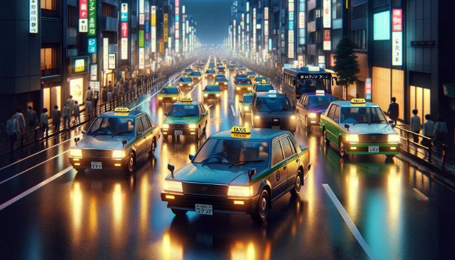 夜の東京を走るタクシーの画像