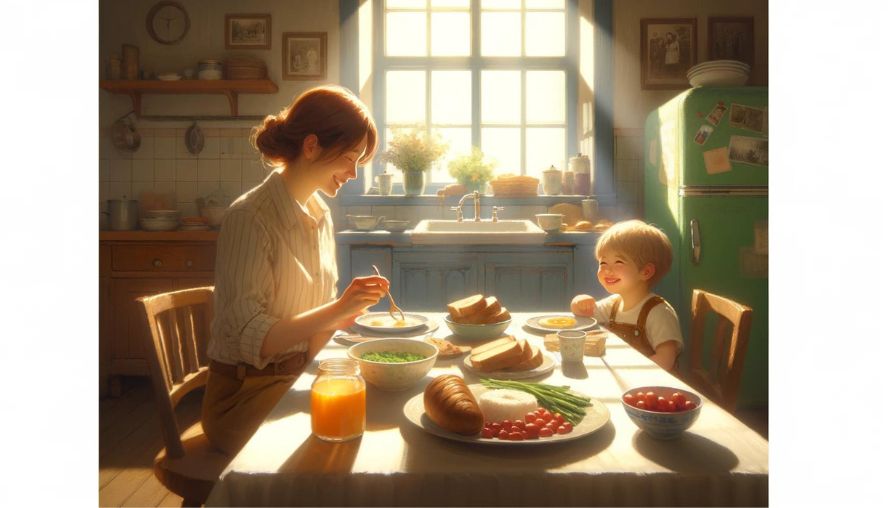 お子さんと質素な食卓を囲むシングルマザーの画像