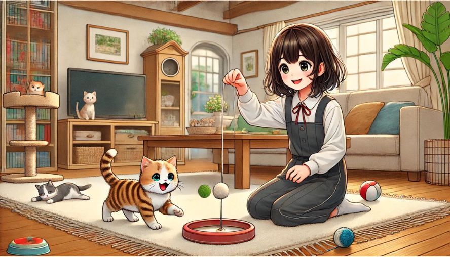 猫じゃらしを使いネコさんと遊ぶ女の子の画像