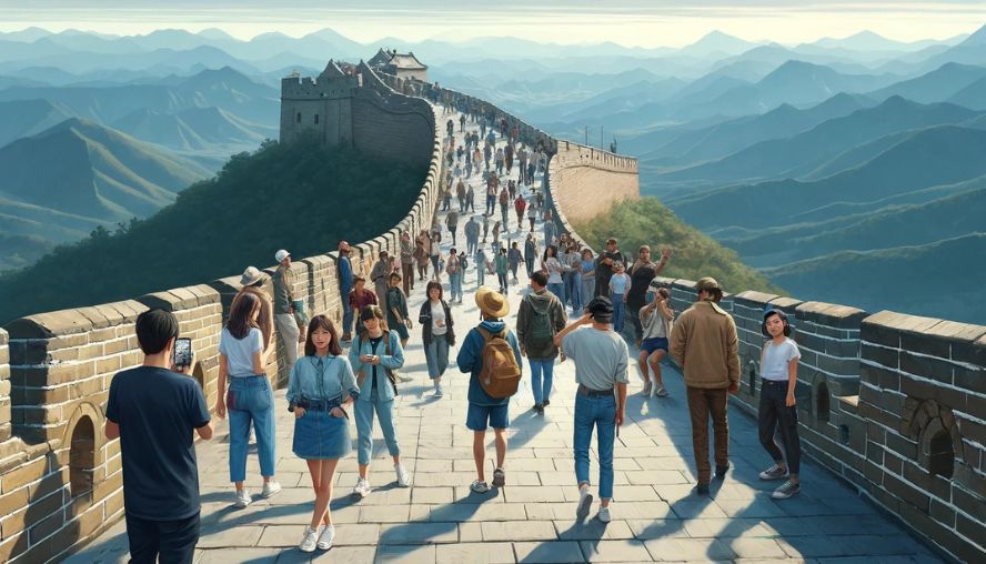 万里の長城ツアーに参加する観光客の画像