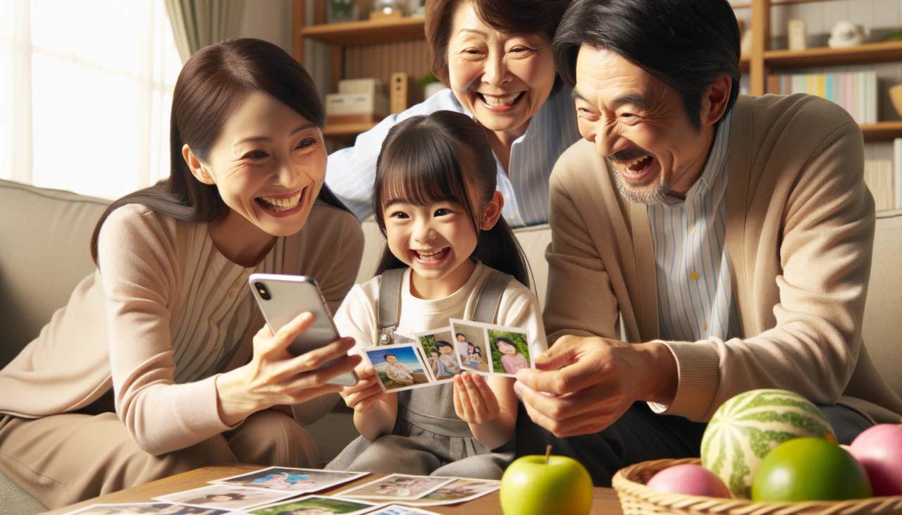 日本人の家族がリビングで「しまうまプリント」と「キタムラ」のスマホ写真を眺めながら、楽しそうに過ごしている様子。