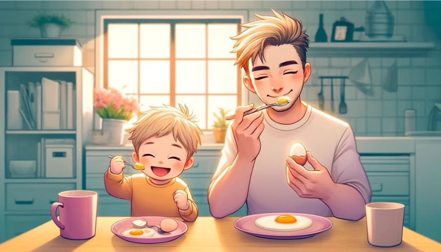 父親とおいしそうに卵料理を食べている小さな子どもの画像