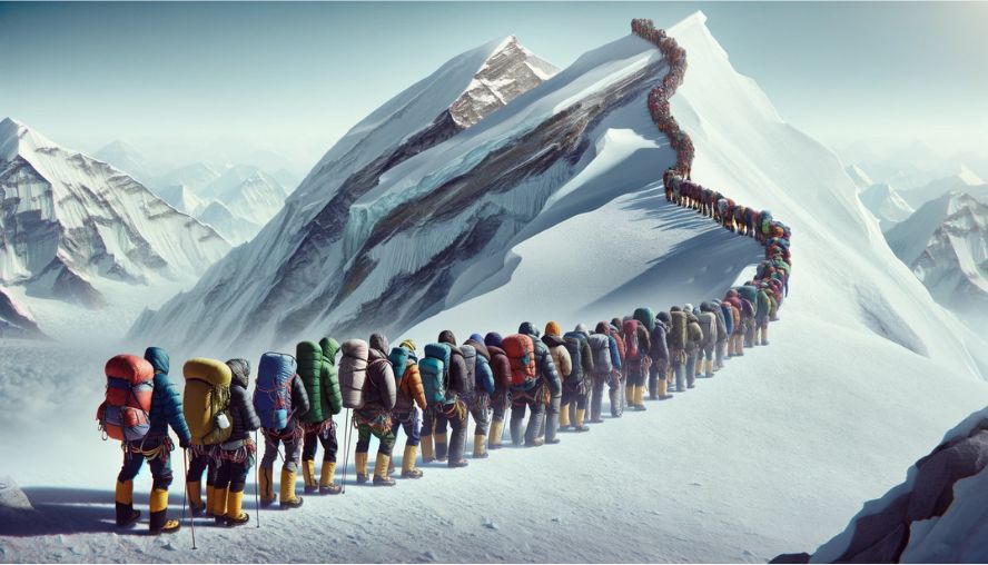 エベレスト登頂付近で行列をなしている人たちの画像