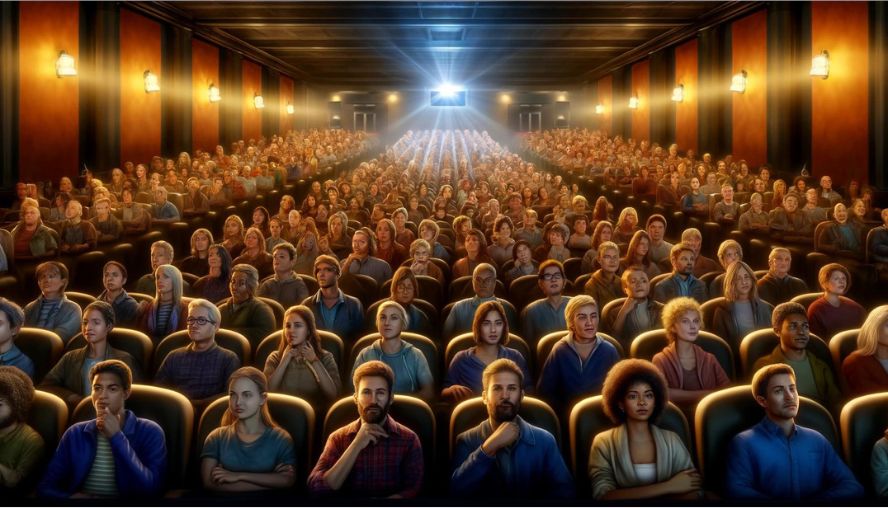映画館でポリコレ映画を鑑賞している観客たちの画像