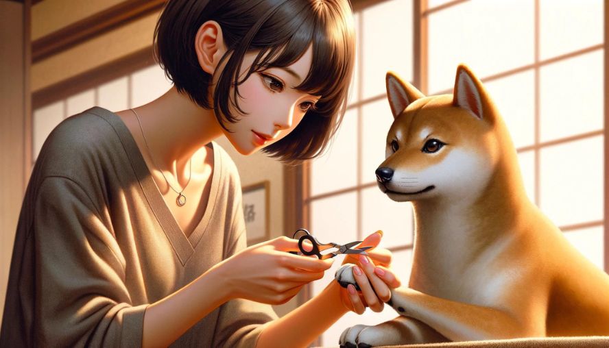 愛犬に爪切りをしている女性の画像