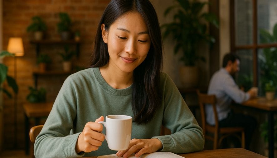 カフェでリラックスした時間を過ごしている女性の画像