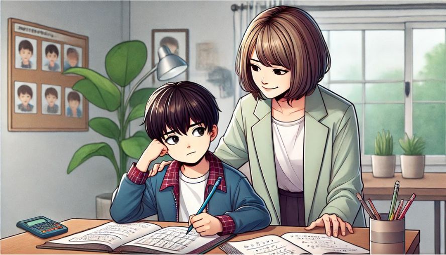 息子につきっきりで宿題を見ている、少しうっとうしい母親の画像
