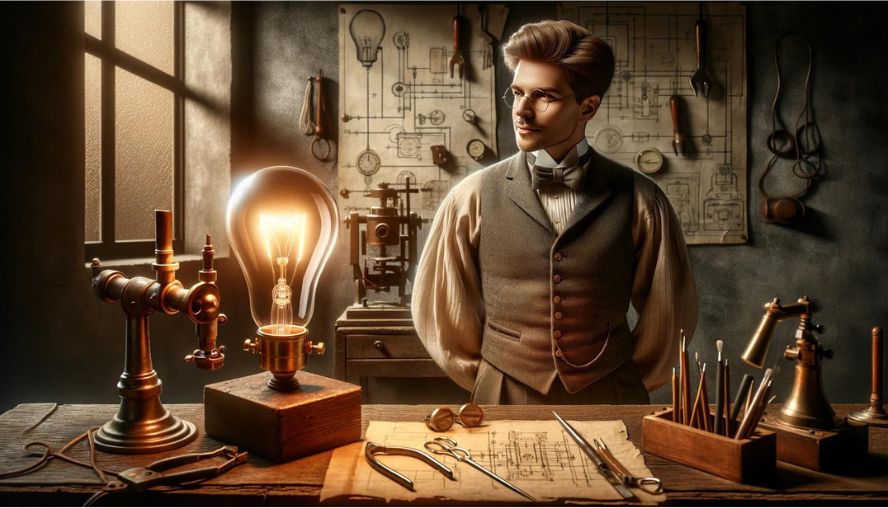 白熱電球を発明したエジソン風な男性の画像