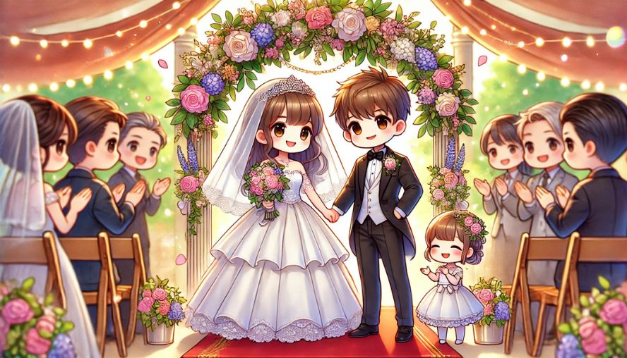 みんなに祝福されて結婚式を挙げている新郎新婦の画像