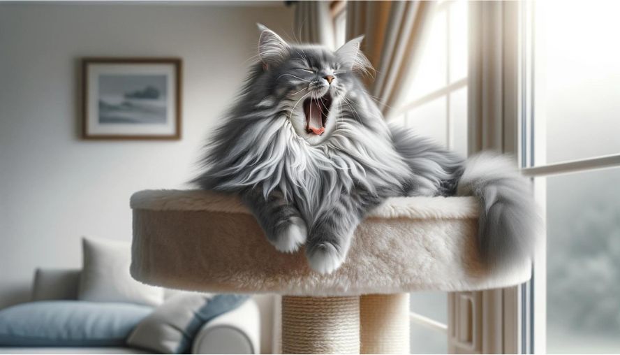 キャットタワーの上でくつろいであくびをしている猫の画像