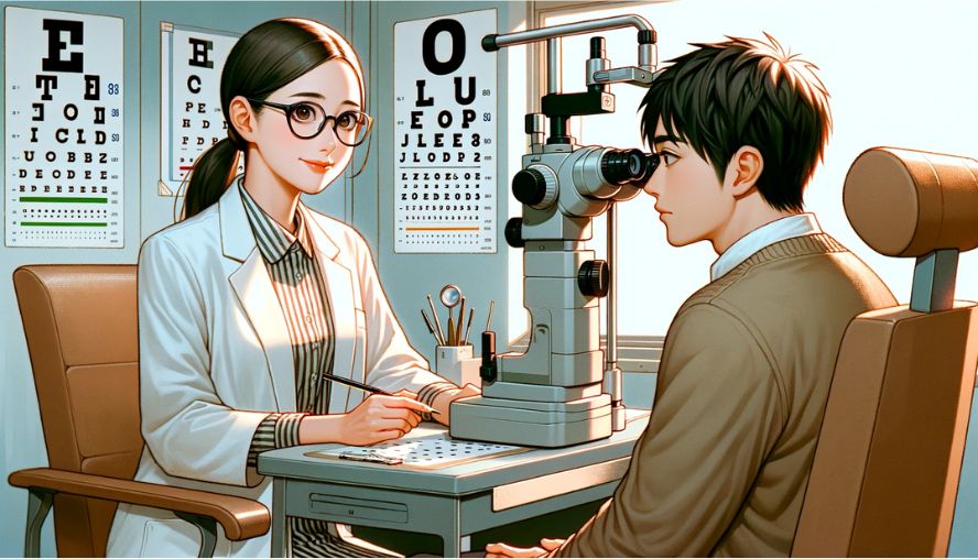 眼科で男性の視力検査をしている視能訓練士の女性の画像