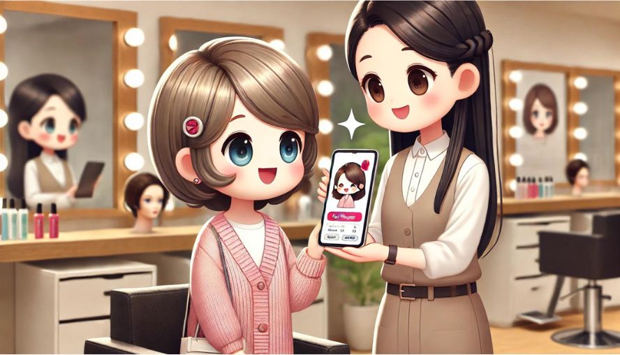 ヘアサロンでポイントを利用することをスタッフに伝えている女性の画像