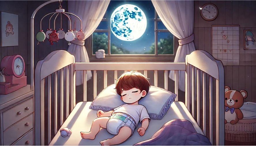 夜、おむつをつけてぐっすり眠っているかわいい幼児の画像