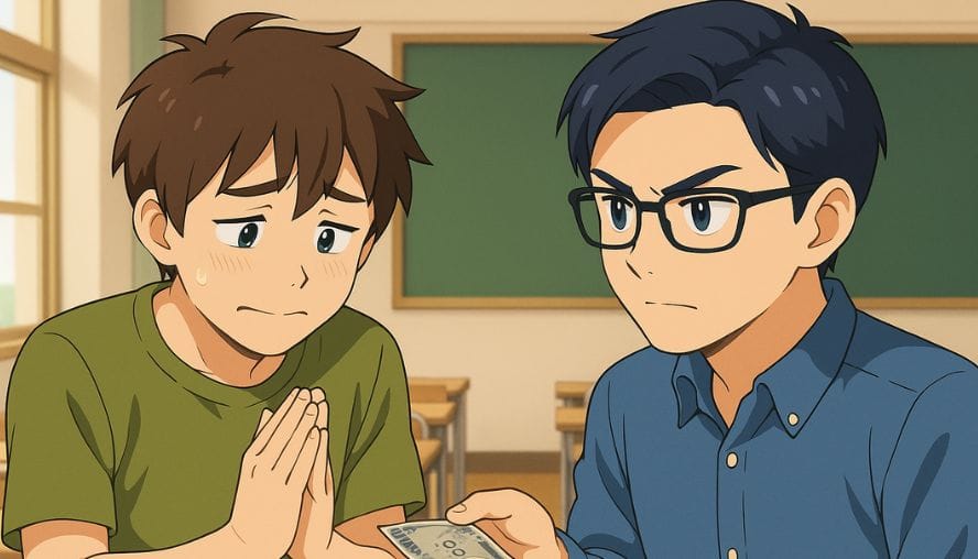 借りていたお金を謝りながら返している男性の画像