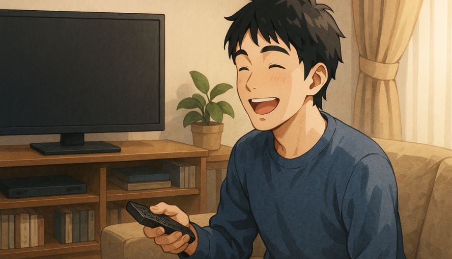 楽しそうにドラマを見ている男性の画像