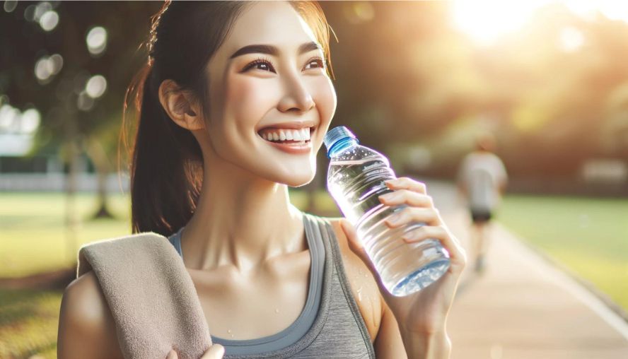 軽い運動後、おいしそうに水を飲んでいる女性の画像