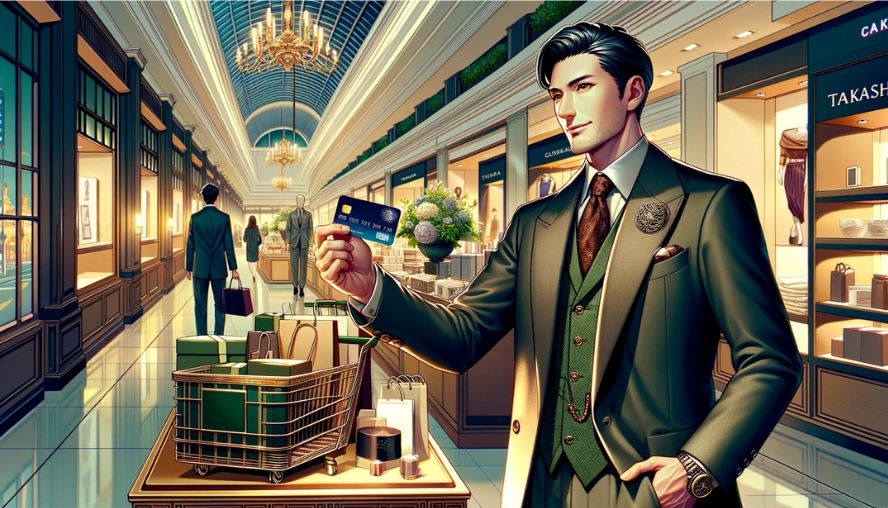 高島屋外商カードでスマートにショッピングをする紳士然とした男性の画像