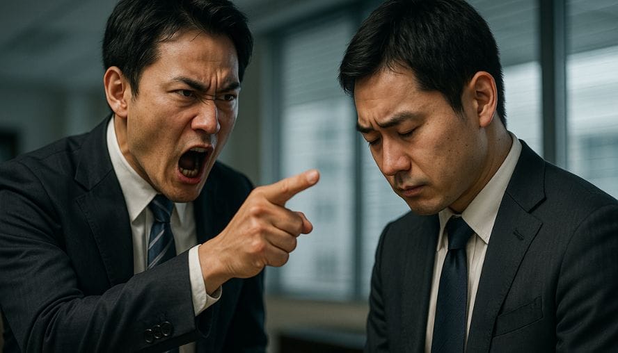 同僚に対して、強い口調で怒っている男性の画像