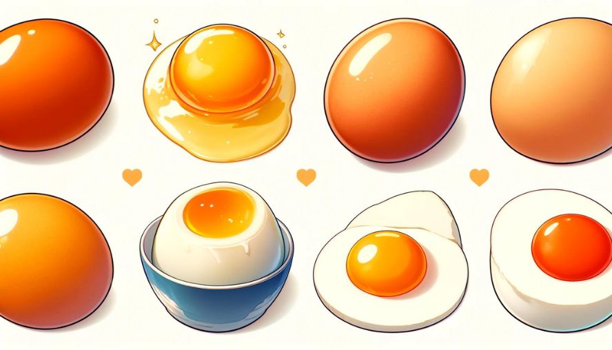生卵、半熟卵、温泉卵、ゆで卵の４種類の卵の画像