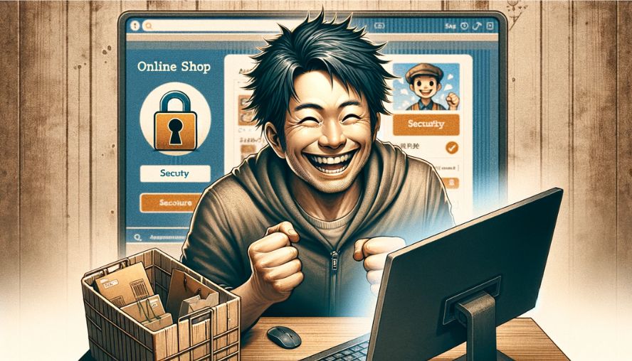 安全なネットショッピングを楽しんでいる男性の画像