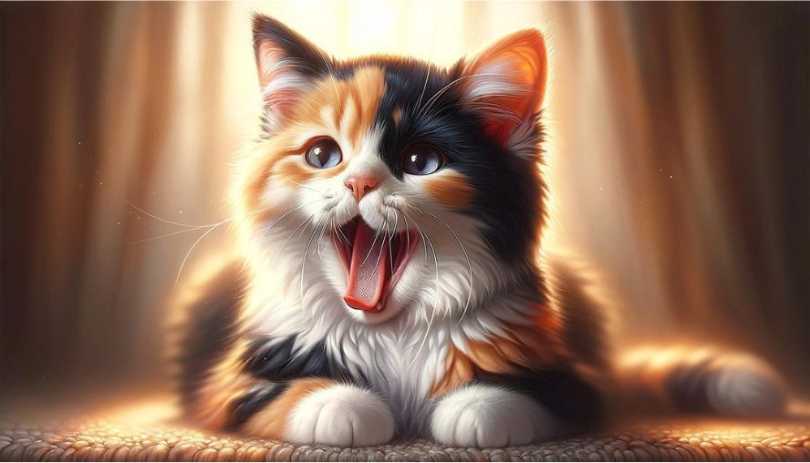 あくびをしているかわいらしい三毛猫の画像