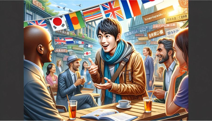 ワーホリ先で、英語圏の人たちと積極的に話す日本人男性の画像
